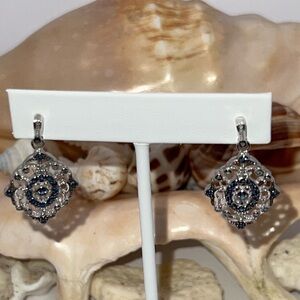 Blue & White Diamond Pierced Drop/Dangle Sterling Silver 925 Earrings